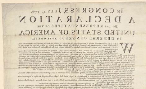 printed text on a yellowed paper; the top reads "In Congress July 4, 1776, a Declaration by the Representatives of the United States of America"